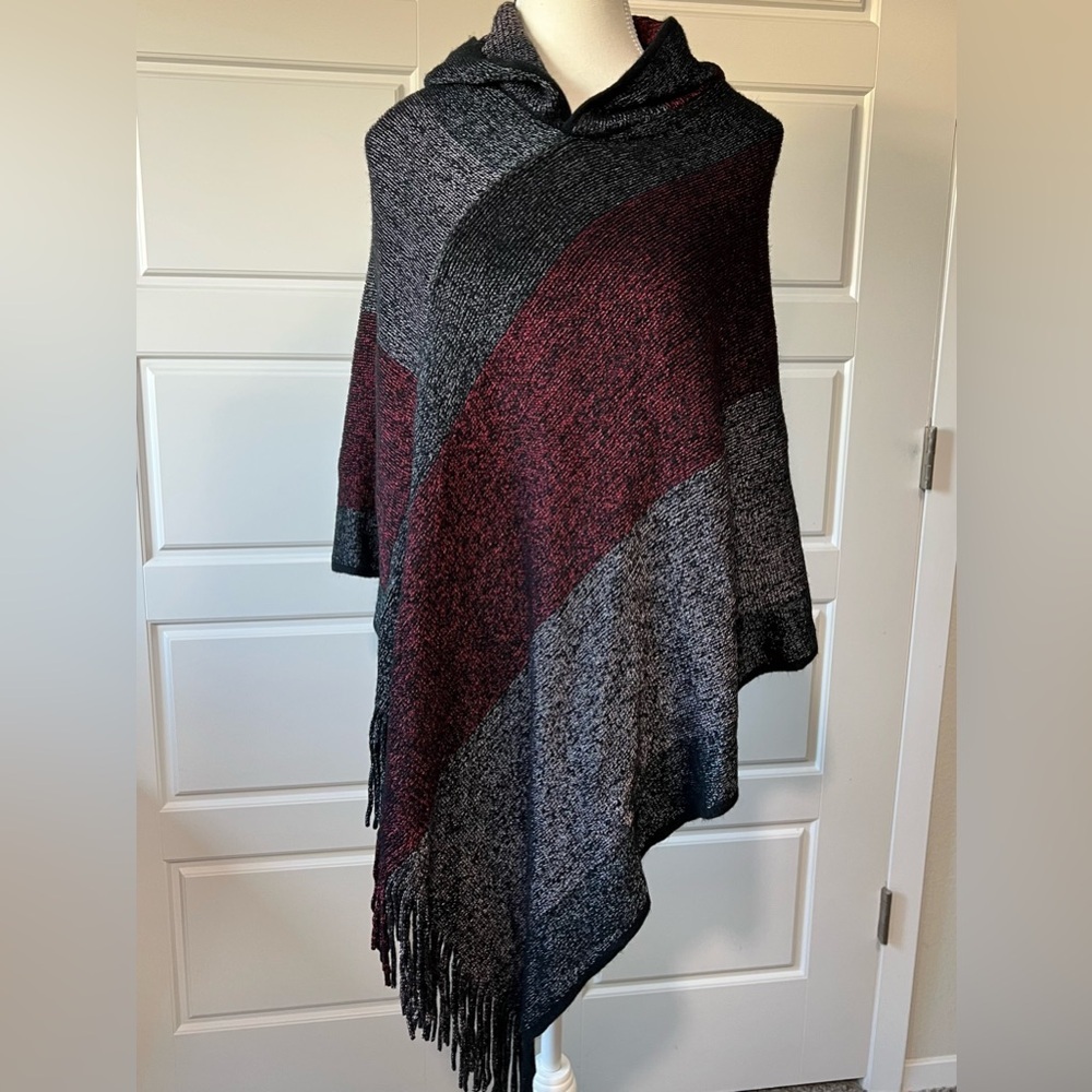 Hooded Poncho Cape with Fringe Burgundy Gray Black Cozy Warm Fall Winter OS